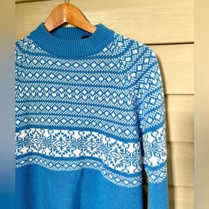 HARCREST vintage acrylic sweater Nordic fair isle crew bright blue white L EUC